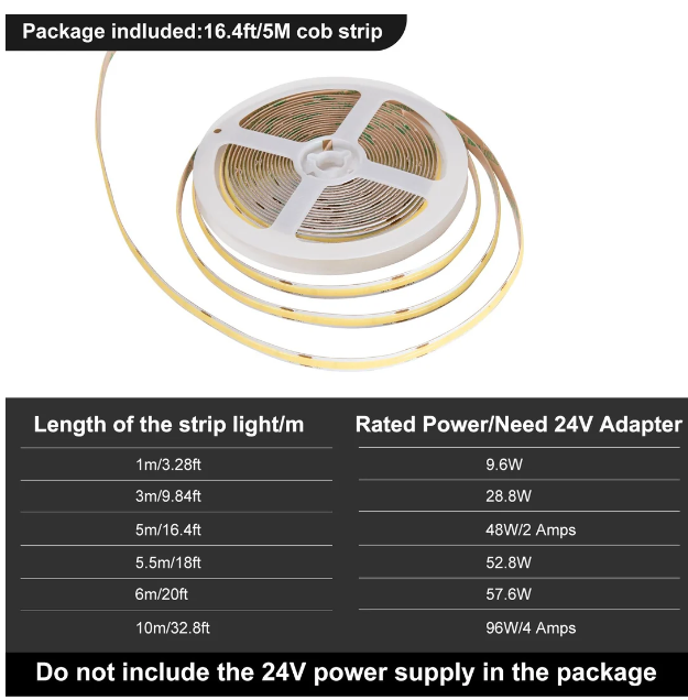 DC 24V COB White LED Strip Lights 16.4ft 5M 4000K