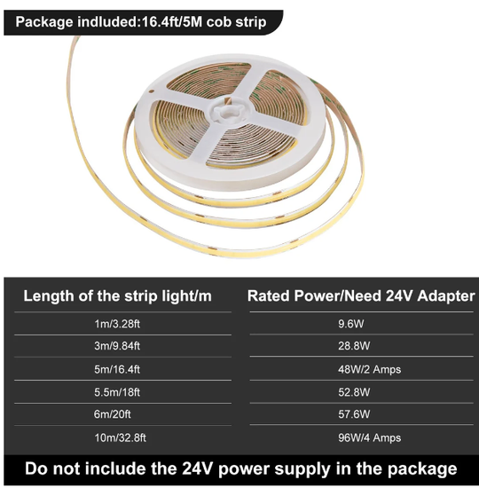 DC 24V COB White LED Strip Lights 16.4ft 5M 4000K