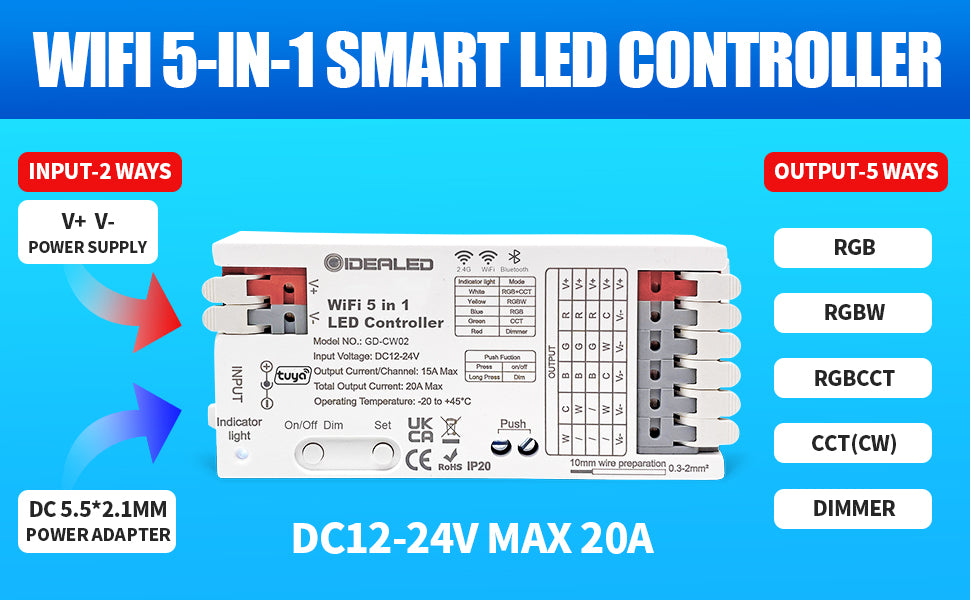 Smart 5 in 1 WiFi LED Controller for Strip Lights RGBCCT RGBW Work with Alexa/Google Assistant,APP/Voice Control Color Change Dimming(Only a WiFi Controller)