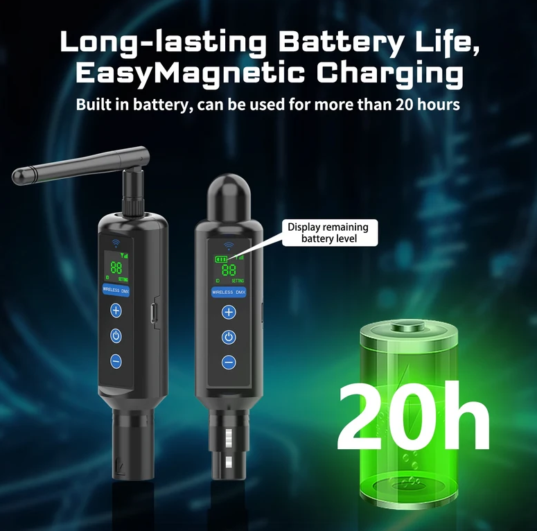 1T2R Long-Distance Wireless Signal Touch Screen DMX512 Rechargeable 20-hour Receiver(Built in battery) and Transmitter Stable Long-Distance Wireless Signal