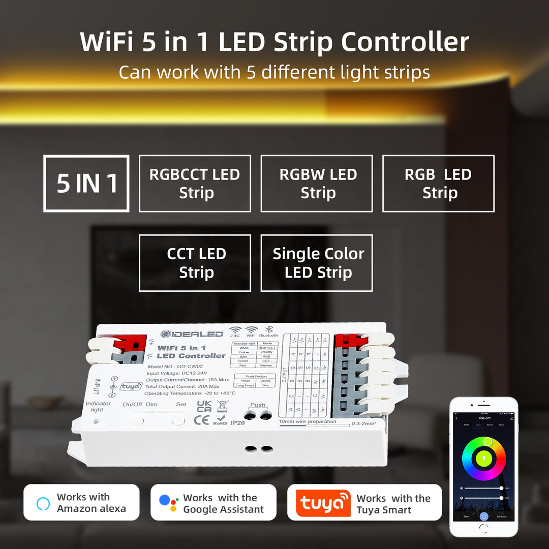Smart 5 in 1 WiFi LED Controller for Strip Lights RGBCCT RGBW Work with Alexa/Google Assistant,APP/Voice Control Color Change Dimming(Only a WiFi Controller)