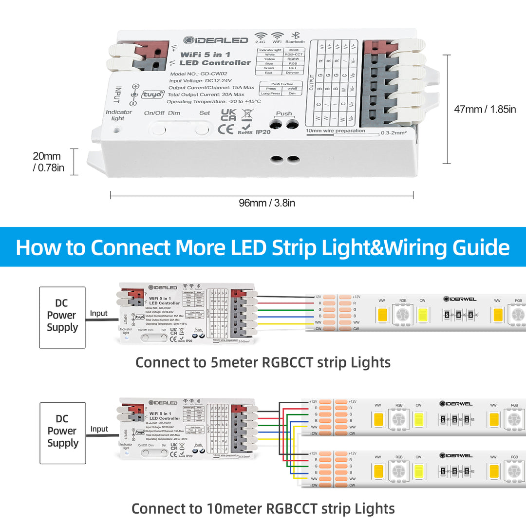 Smart 5 in 1 WiFi LED Controller for Strip Lights RGBCCT RGBW Work with Alexa/Google Assistant,APP/Voice Control Color Change Dimming(Only a WiFi Controller)