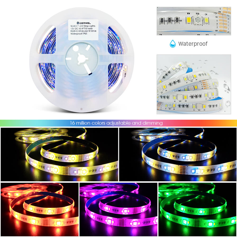 GIDERWEL 12V RGBWW LED Strip Lights with Waterproof Protective Coating (16.4ft)