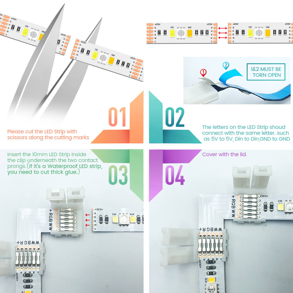 L Shape RGBWW 6 Pin LED Strip Connectors (6 Pack）