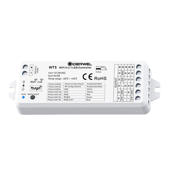 GIDERWEL WiFi 5-in-1 LED Controller (WT5) & 2.4G Remote (RT10) for RGB/RGBW/RGBCCT LED Strips