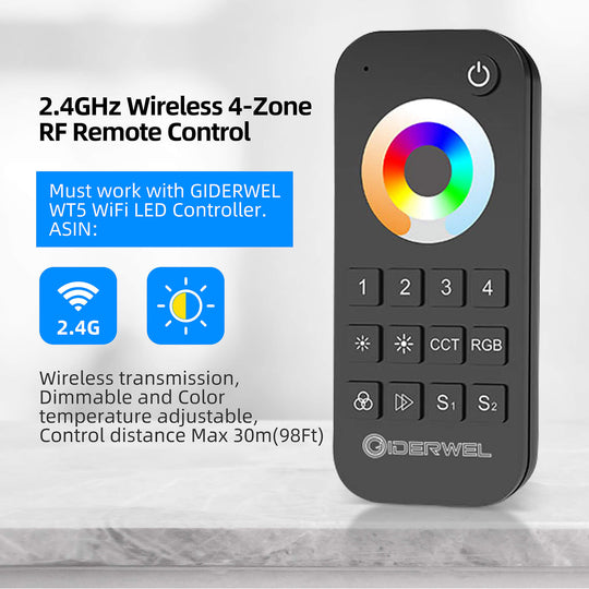 GIDERWEL WiFi 5-in-1 LED Controller (WT5) & 2.4G Remote (RT10) for RGB/RGBW/RGBCCT LED Strips
