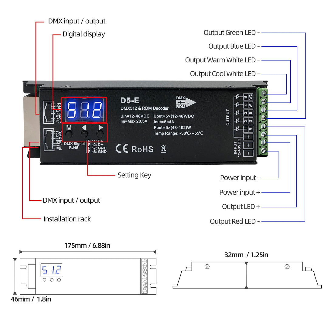 RGBWW 5 CH DMX Decoder with RDM function