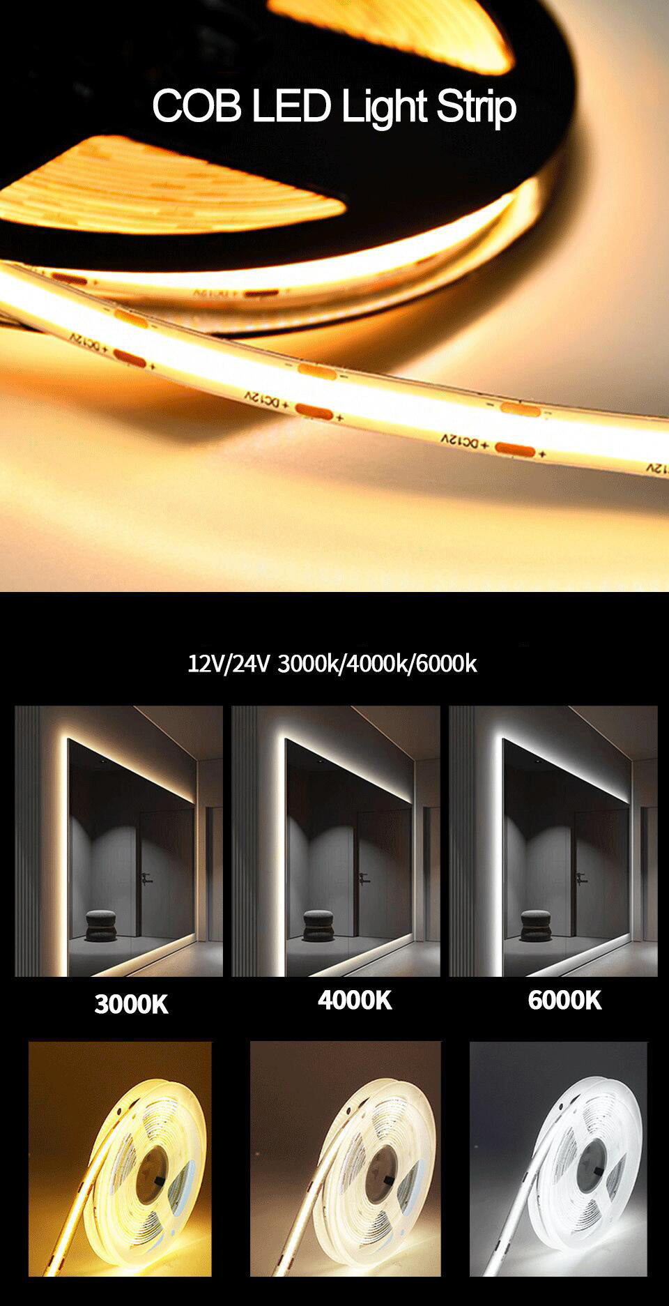 COB LED Stirp Lights Warm/Cold/Natural White Lighting Atmosphere Lamp