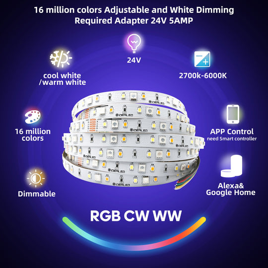 24V RGBCCT LED Strip Lights 10m (32.8ft ) only LED Strip RGBWW