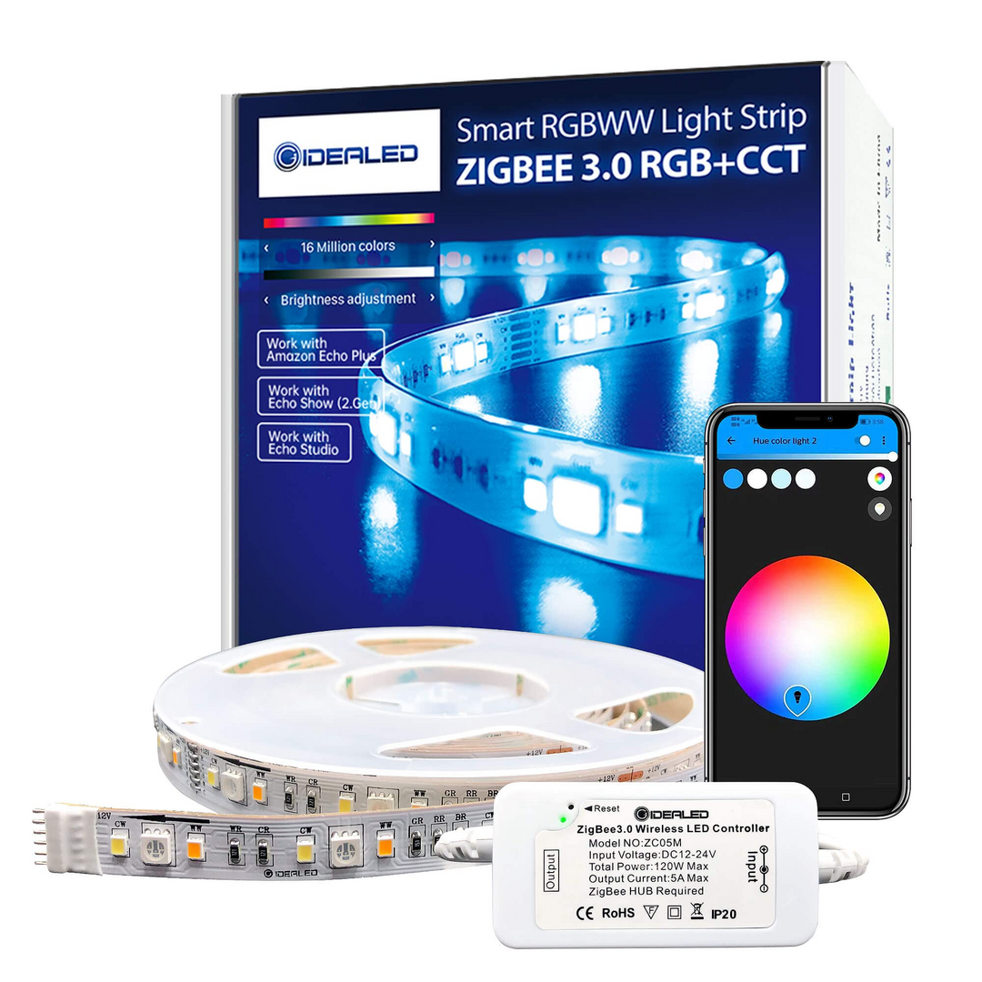 Smart ZigBee 3.0 RGBCCT LED Strip 16.4ft Kit, 5m RGBWW Lightstrip plus
