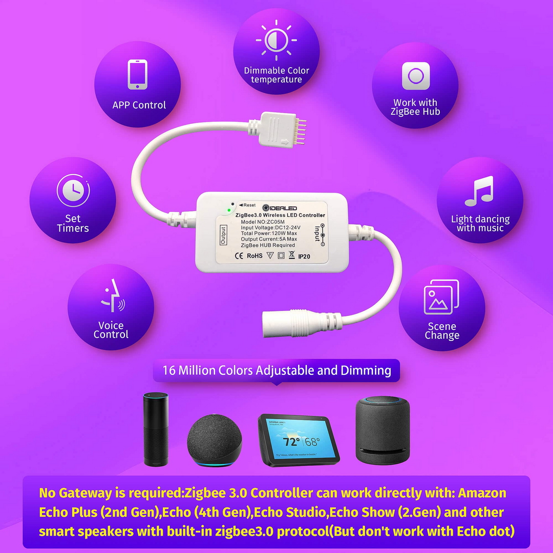 Smart ZigBee 3.0 RGBCCT LED Strip 16.4ft Kit, 5m RGBWW Lightstrip plus