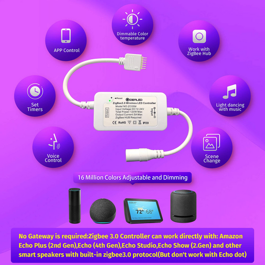 Smart ZigBee 3.0 RGBCCT LED Strip 16.4ft Kit, 5m RGBWW Lightstrip plus