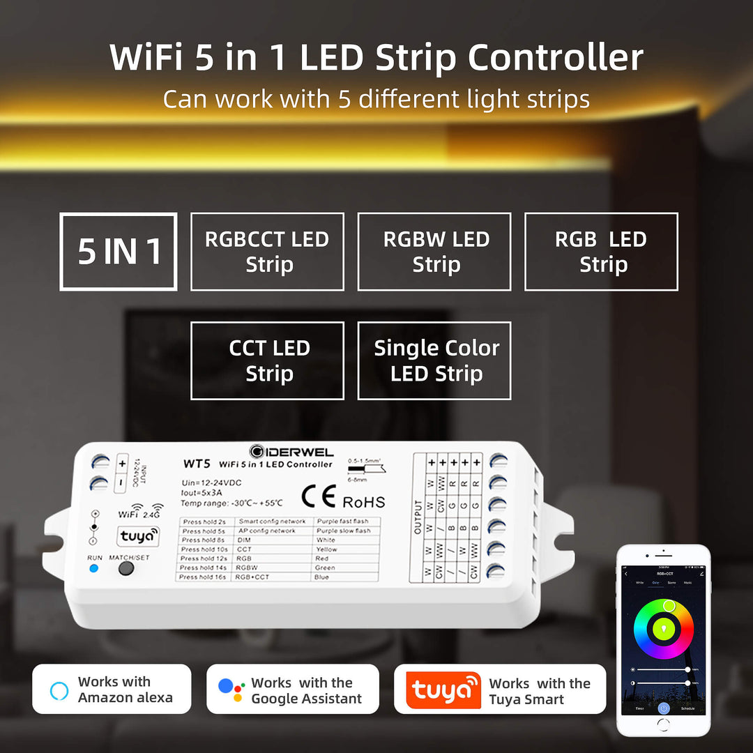 GIDERWEL WiFi 5-in-1 LED Controller (WT5) & 2.4G Remote (RT10) for RGB/RGBW/RGBCCT LED Strips