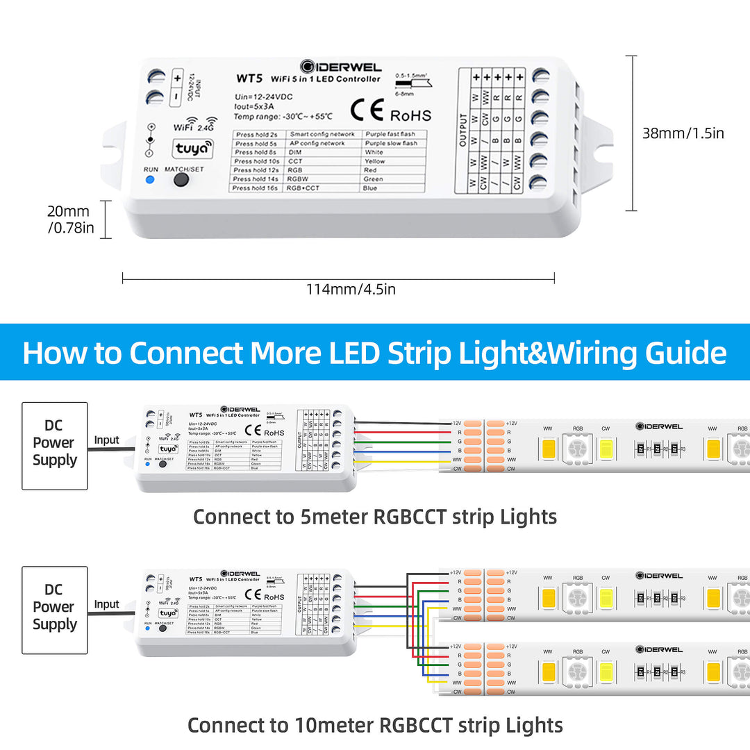 GIDERWEL WiFi 5-in-1 LED Controller (WT5) & 2.4G Remote (RT10) for RGB/RGBW/RGBCCT LED Strips